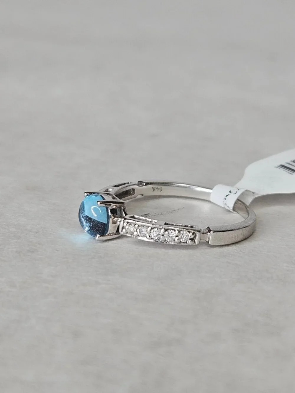 Sonia B 14K White Gold Cabochon Blue Topaz 5mm & Diamond Ring Band Size 9